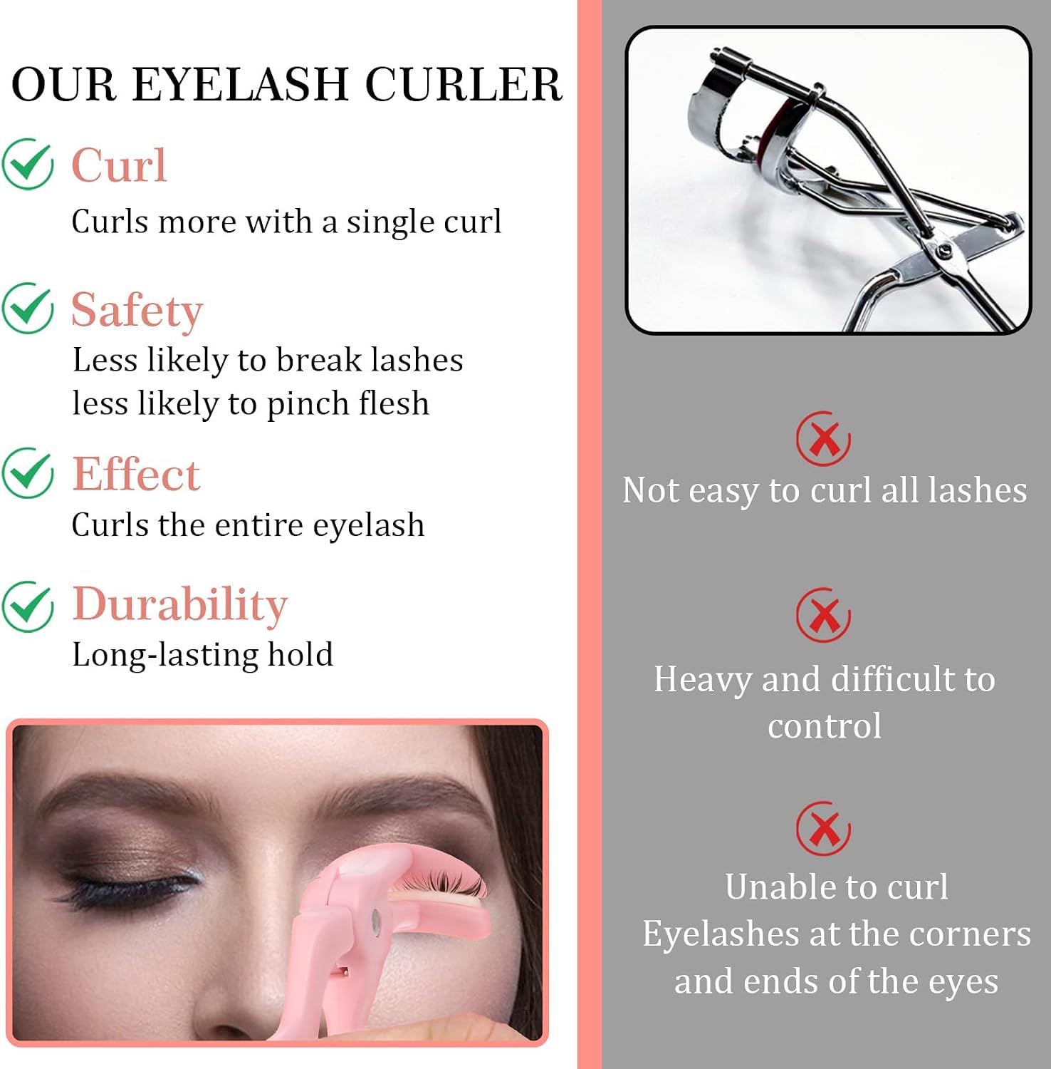 Andibro Eyelash Curler with 2 Silicone Replacement Pads, Achieve Perfect Natural Curls, Ergonomic Design, Long Lasting, Easy to Use (Pink)