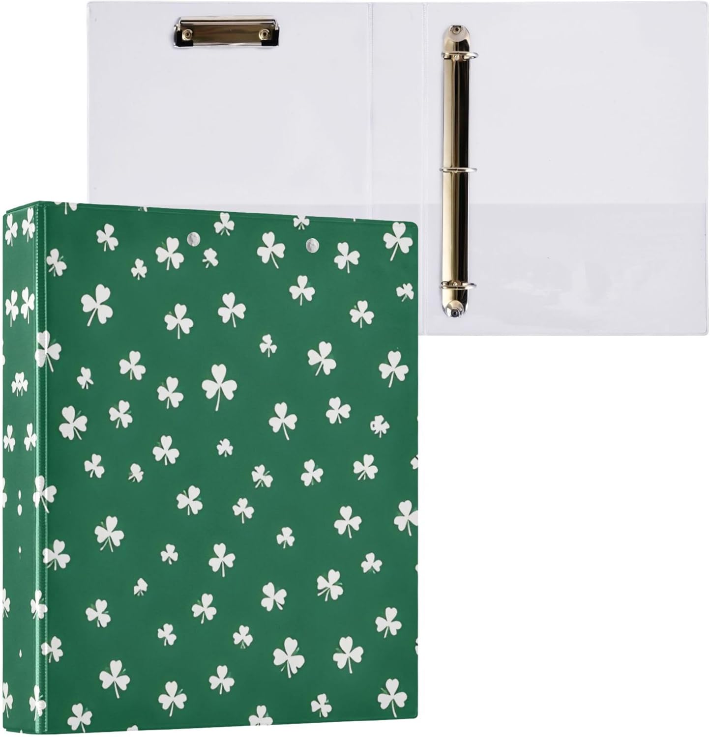 St. Patrick's Day Clover 3 Ring Binders, 1.5” Round Ring Binders with Clipboard - Letter Size, 3 Interior PVC Clear Pockets & Anti-Slip Clip for Office School Supplies, 2PCS