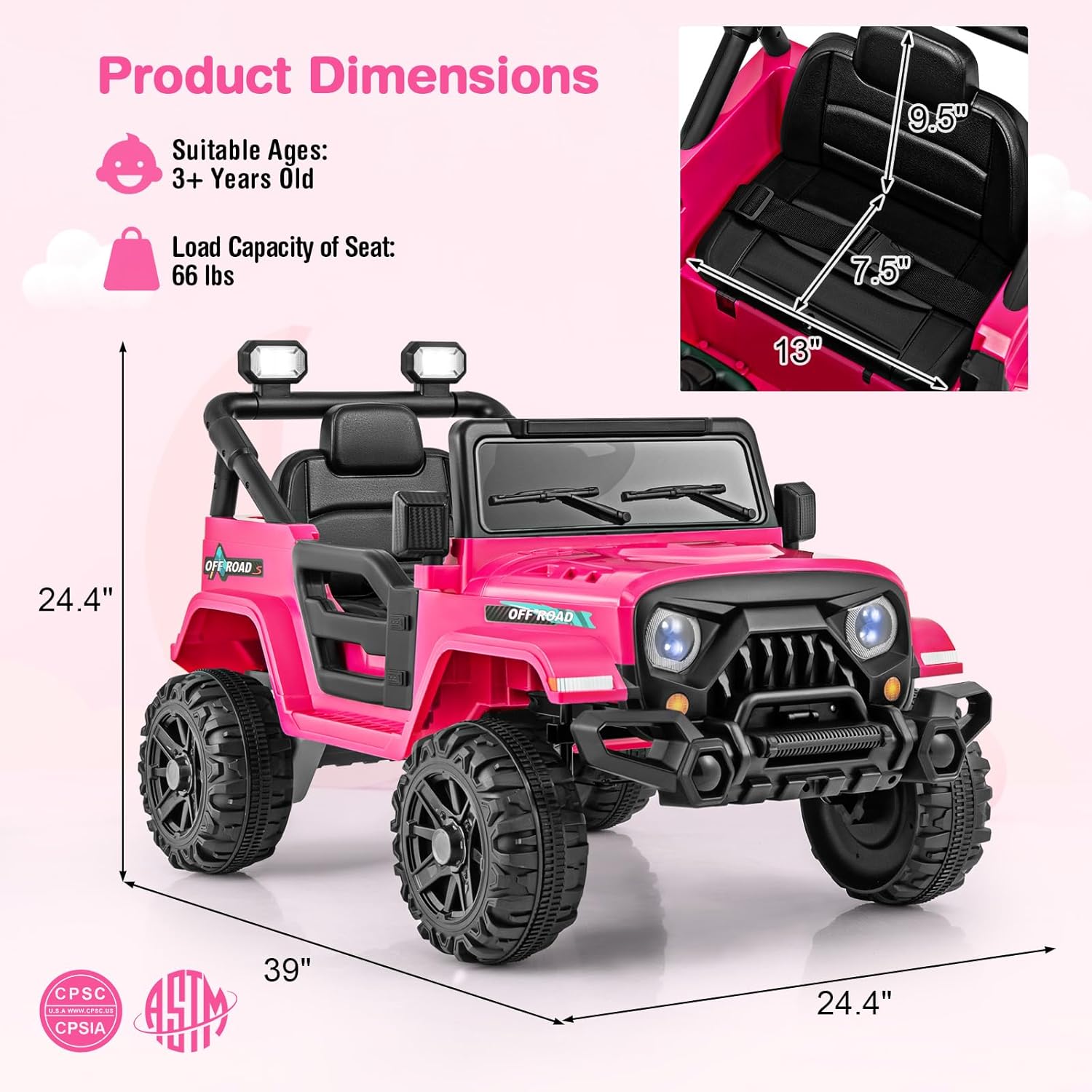 Costzon 12V Kids Ride on Truck Car, Electric Vehicle w/Remote Control, Threaded Wheels, 3 Speeds, LED Lights, Music, Horn & Wireless Connection, Ride on Toy for Boys & Girls 3+ (Hot Pink)