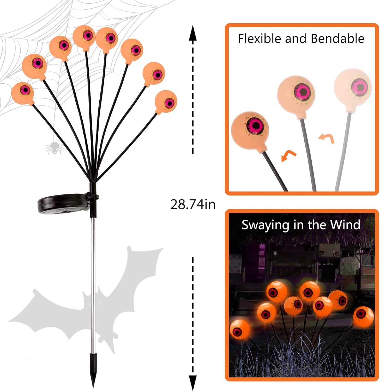 LCHUANG 4 Pack Halloween Decorations Outdoor Path Lights - 32LED Solar Eyeball Pathway Light Swaying by Wind, Waterproof Solar Halloween Stake Lights for Garden Yard Porch Patio Pathway (Orange)