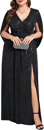 ZOMVA Plus Size Sequin Formal Dress Maxi Sparkly Glitter Cape Sleeve Prom Evening Gown Gala Dress