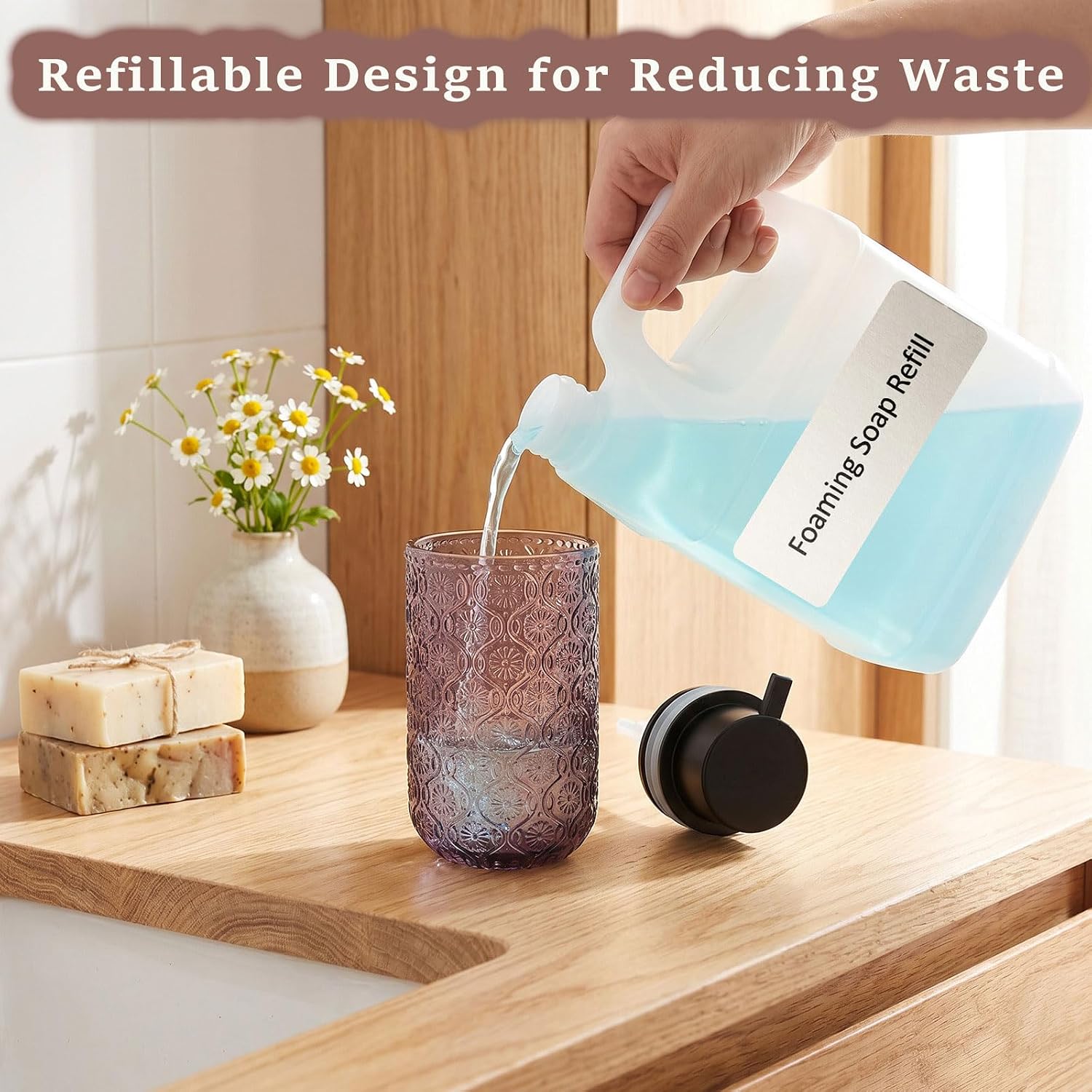 2-Pack Foaming Soap Dispenser Set, Vintage Flower Pattern Glass Foam Soap Dispenser for Bathroom & Kitchen, Reusable 14 OZ Hand Soap Dispenser with Foam Pump, Purple, Nordic Modern Farmhouse Decor