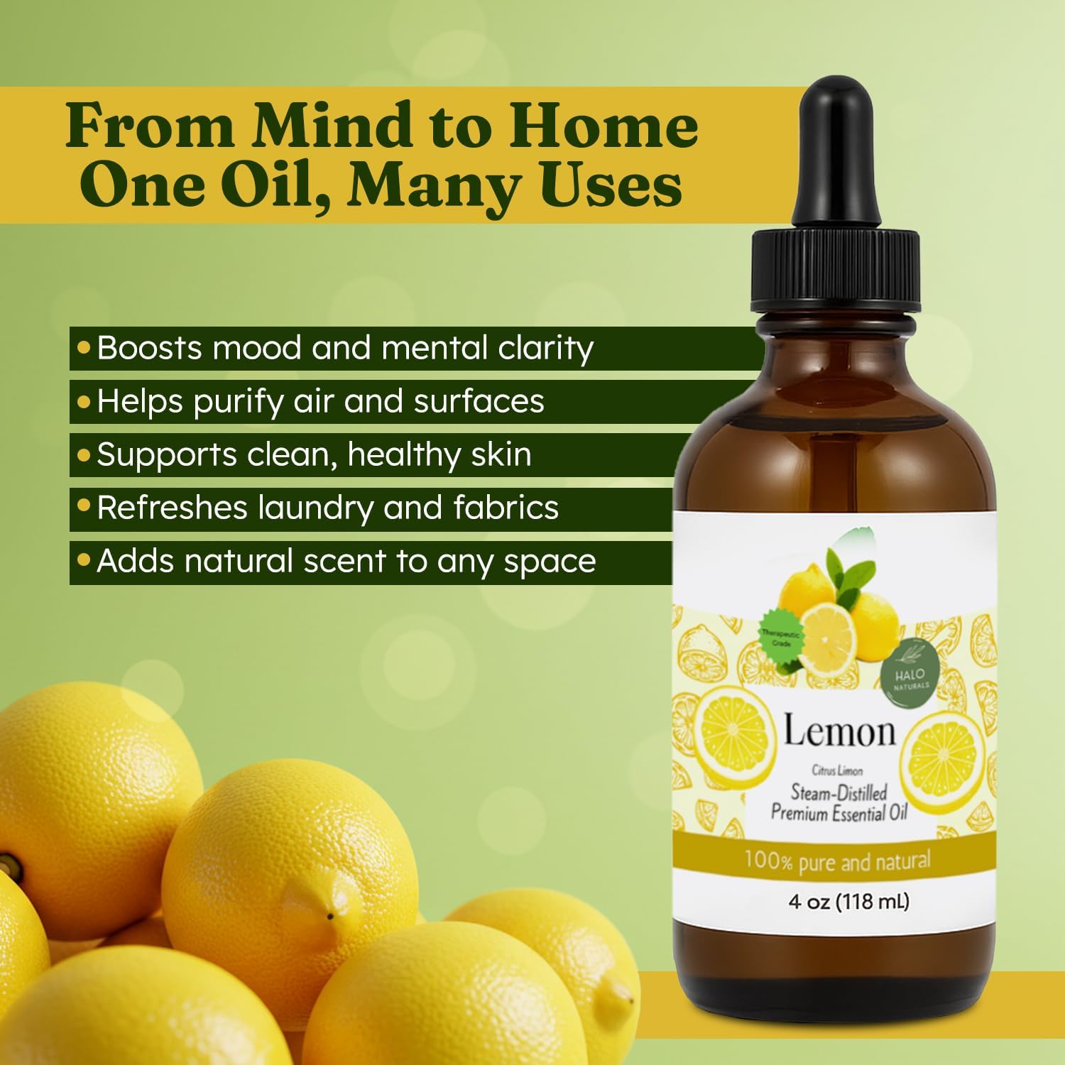 Steam Distilled Lemon Essential Oil - Premium Hair Growth Oil for Scalp Stimulation & Refreshing Aroma - Essential Oil Supports Healthy Hair, Skin & Mental Clarity - 4oz