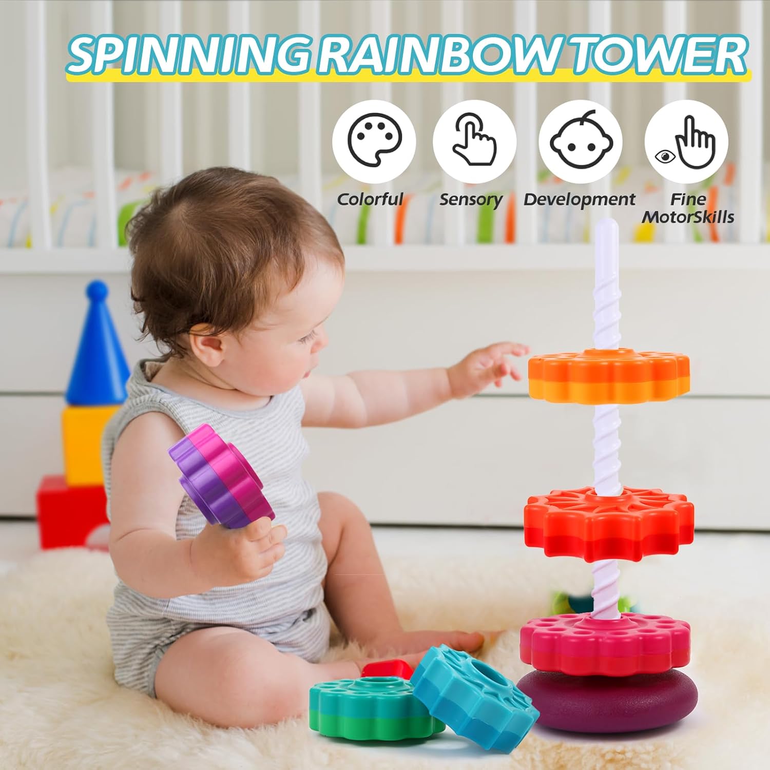 Spinning Stacking Toys - Rainbow Tower, Kids Stackable Spinning Toy, Educational Toy for Toddlers 1-3, Strong ABS Plastic, Color & Shape Recognition, Builds Sensory & Motor Skills - Image 2