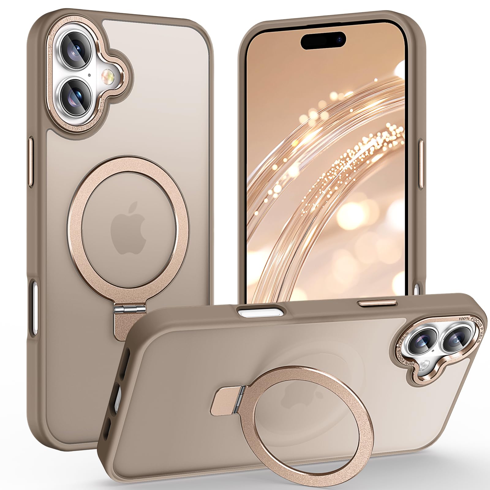 Lufanbis Magnetic for iPhone 16 Case with Ring Stand, [10 FT Drop Protection] [Velvety Touch] Slim Translucent Matte Back Shockproof Phone Case for iPhone 16 6.1'', Bronze