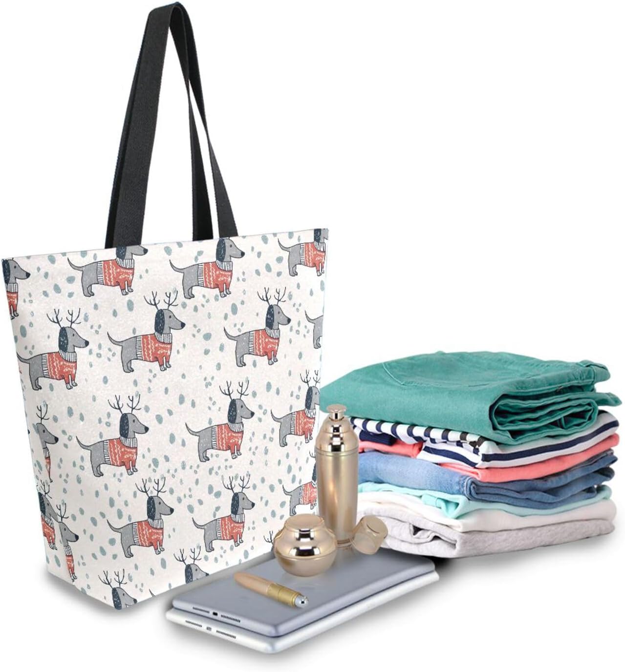 SUABO Dachshund Snow Pattern Tote Bag Canvas Tote Bags for Women Shoulder Bag, Reusable Shopping Bag for Travel Grocery - Image 6