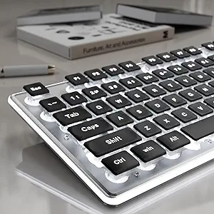 EWEADN GX710S Backlit Computer Keyboards, Wired USB Keyboard with White Backlit, Metal Panel, Plug and Play, Pudding Keycaps Full Size Quite Computer Keyboard for Win/PC/Laptop-Black