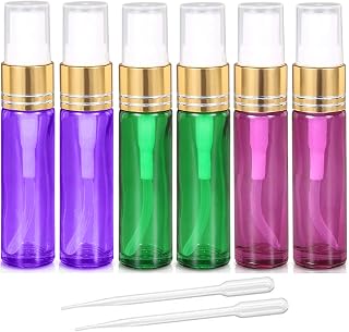 JamHooDirect 6Pcs 10ml Empty Glass Spray Bottles with Golden Fine Mist Sprayers, Travel Atomiser Refillable Portable Container Includes 2 Droppers for Essential Oils, Perfume or Night Out Fragrance