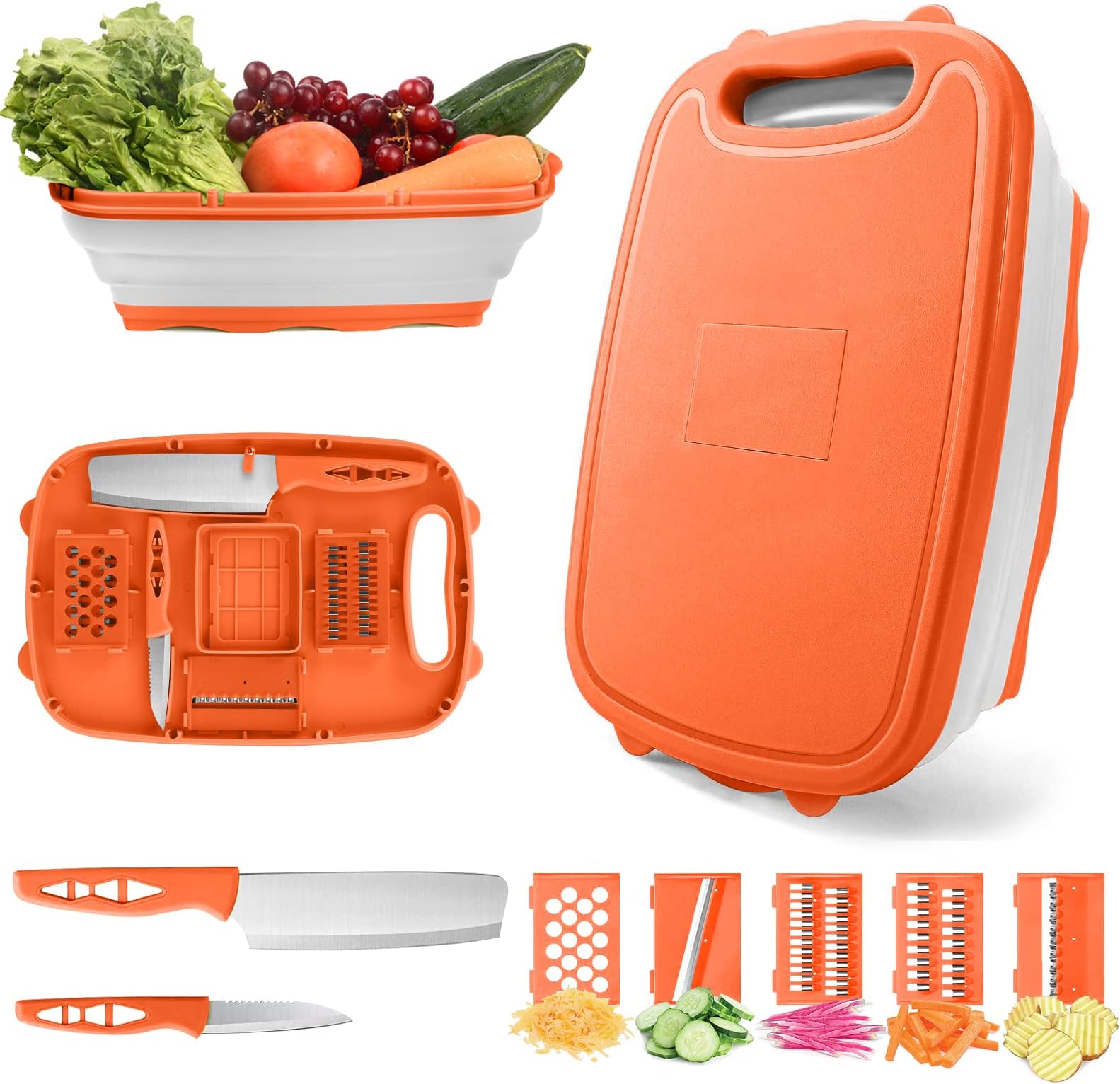 Collapsible Cutting Board, HI NINGER Foldable Chopping Board with Colander, 9-In-1 Multi Camping Cutting Board Vegetable Washing Basket Sink Colander Silicone Dish Tub for Camping, Picnic