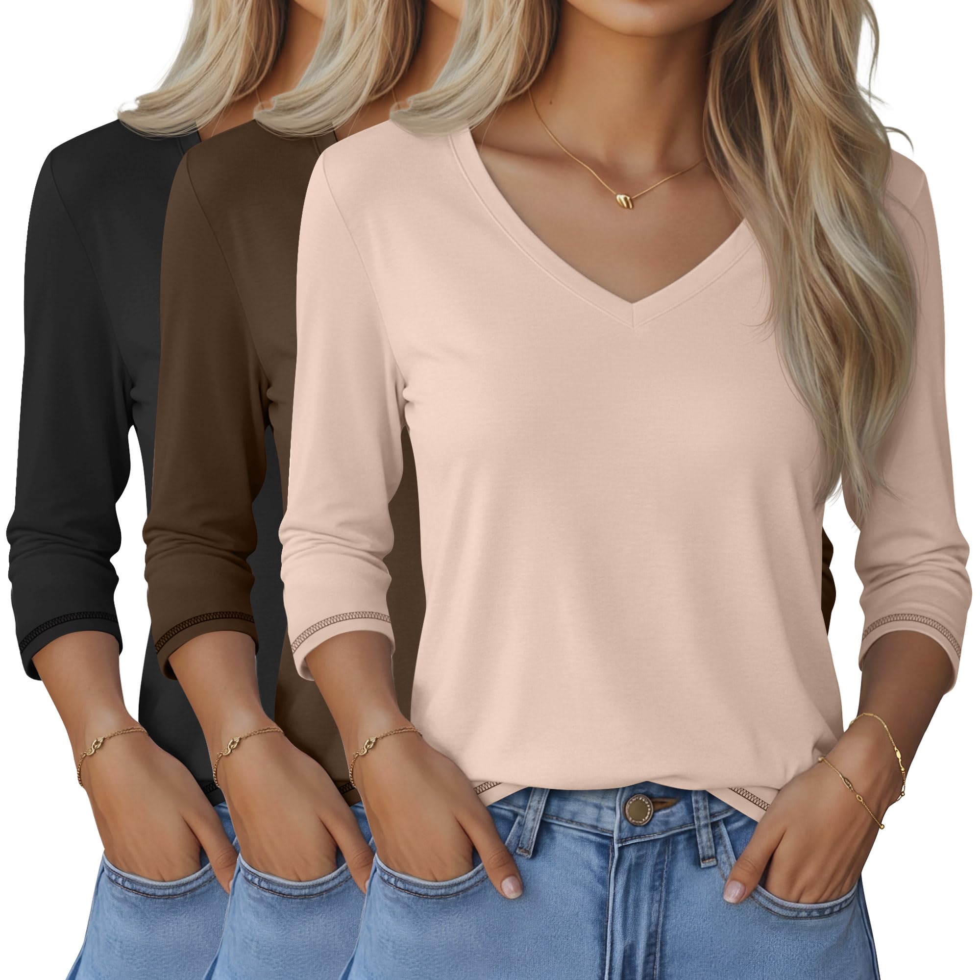 Ficerd 3 Pack Women's 3/4 Length Sleeve V Neck Tops