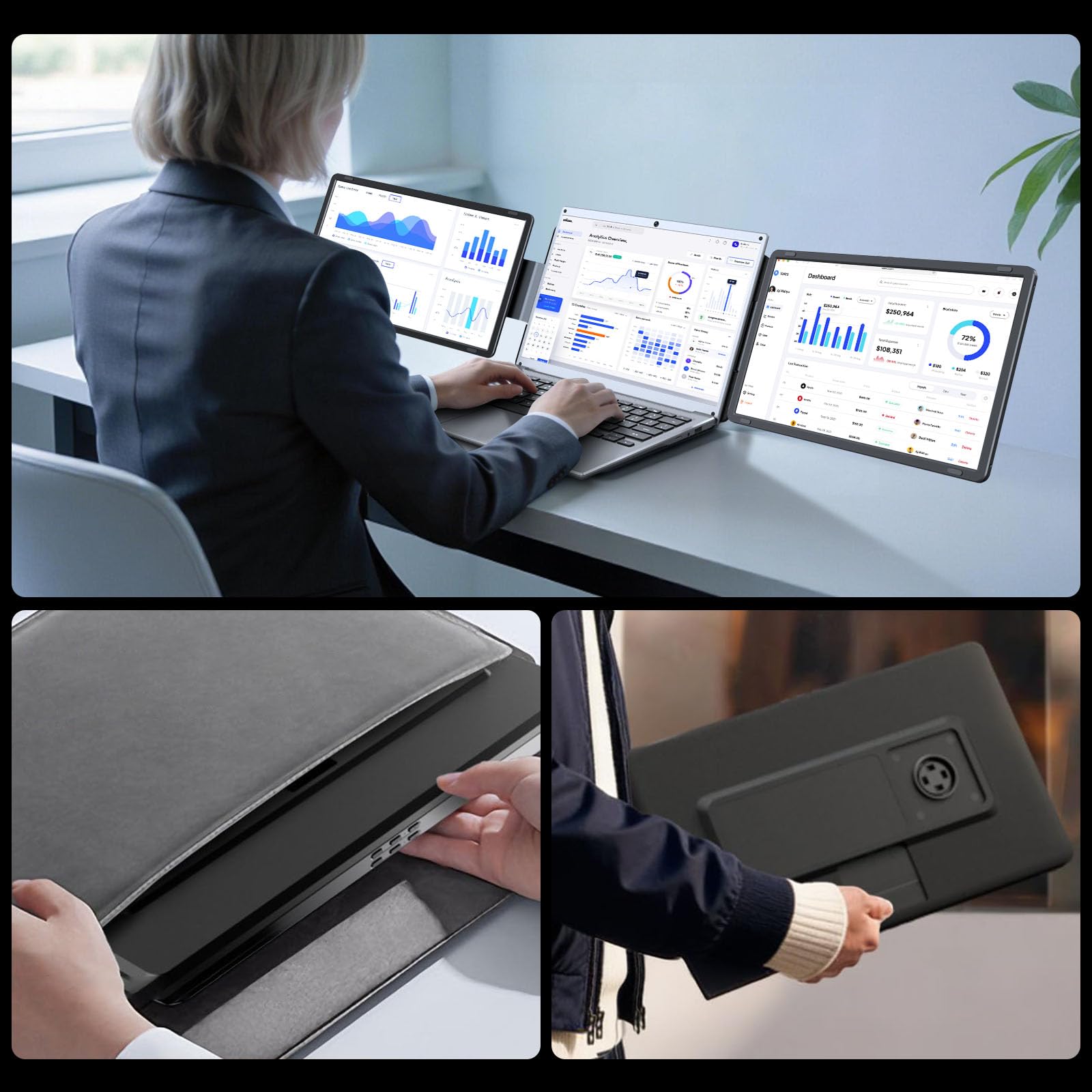 Tauvian 15.6" Laptop Screen Extender, FHD 1080P IPS Portable Triple Monitor for Laptops 13.3"-17.3", USB-C/HDMI Plug & Play, 120% sRGB Low Blue Light Detachable Monitor Extender for Windows/MacOS — view 8