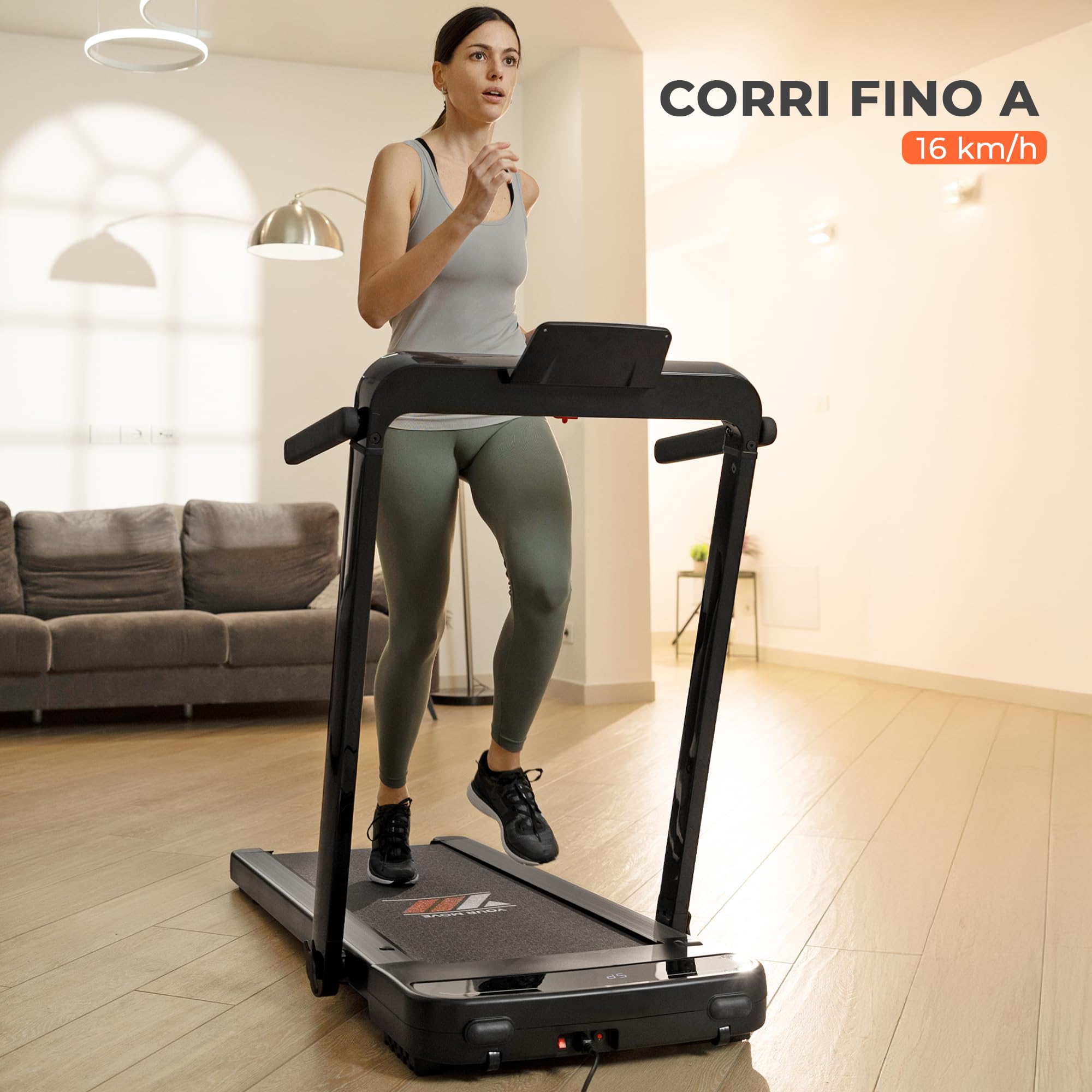 YM Tapis Roulant Elettrico Pieghevole Next 6000, 16 km/h, MARCHIO ITALIANO, Salvaspazio, Bluetooth + APP Interattive Kinomap Zwift Bitgym Fithome, Super Compatto (13 cm Da Chiuso), ASSISTENZA ITALIA