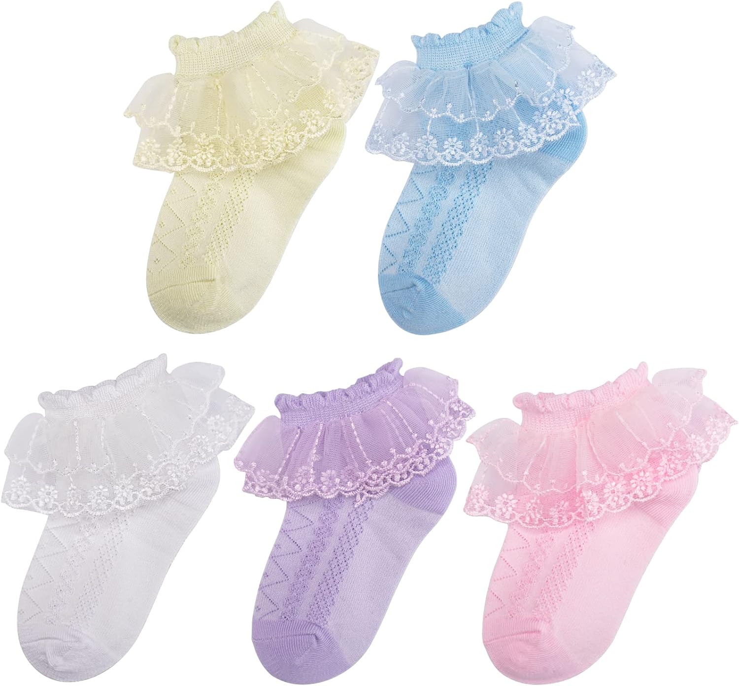 Looching 5 Pairs Toddler Baby Girls Ruffle Lace Socks Eyelet Mesh Cotton Frilly Ankle Soft Dress Kids Princess Socks 2-13T - Image 9