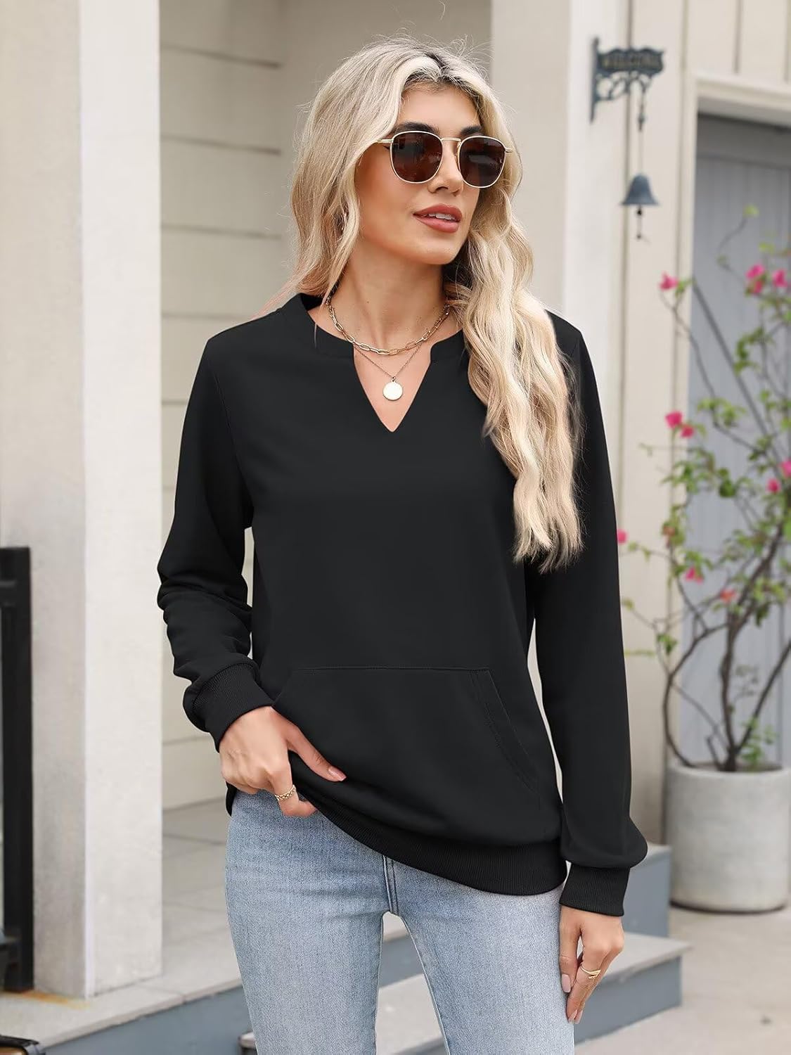 EADINVE Womens Casual Sweatshirts with Pockets Long Sleeve V Neck Lightweight Pullover Casual Loose Fit Tops Fall Clothes - Image 3