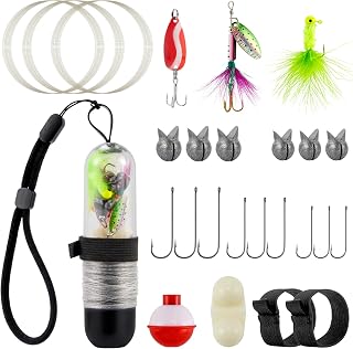 Dr.Fish 25 Pieces Pocket Reel Survival Fishing Kit Line Jig Head Hook Spoon Spinner Bait Hiking Camping Tool