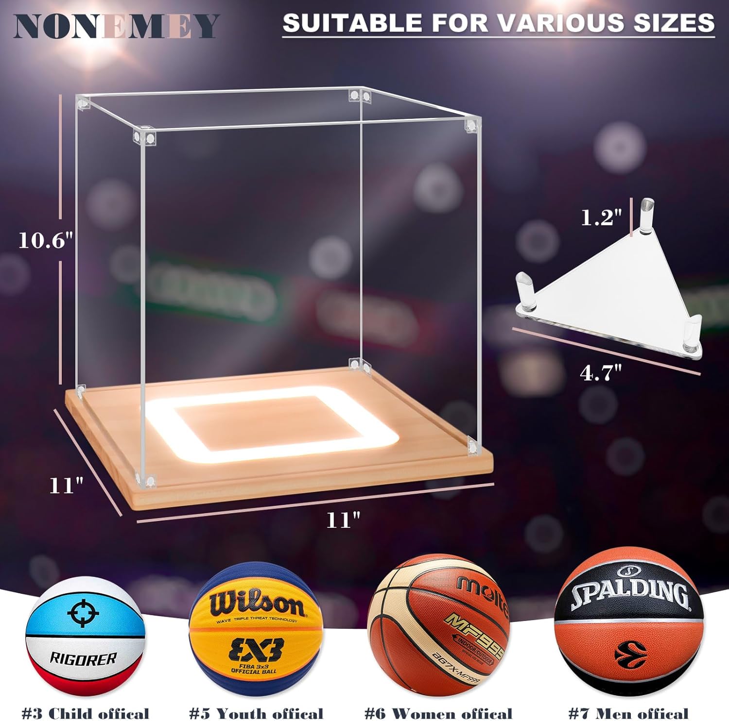NONEMEY Basketball Display Case with RGB LED Light, UV Protected Acrylic Full Size Basketball Box , Basketball Display for Autographed Ball Memorabilia Gifts