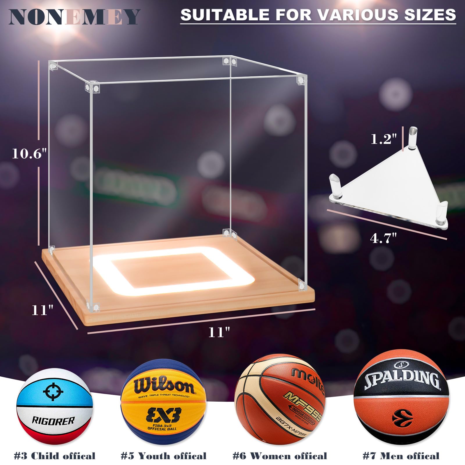 Nonemey Pallacanestro Vetrina con Luce,Scatola da Pallacanestro in Acrilico Protetta dai raggi UV,Vetrina Espositiva per Cimeli Sportivi Autografata Palla Regali di Basket, 27x27x27 cm