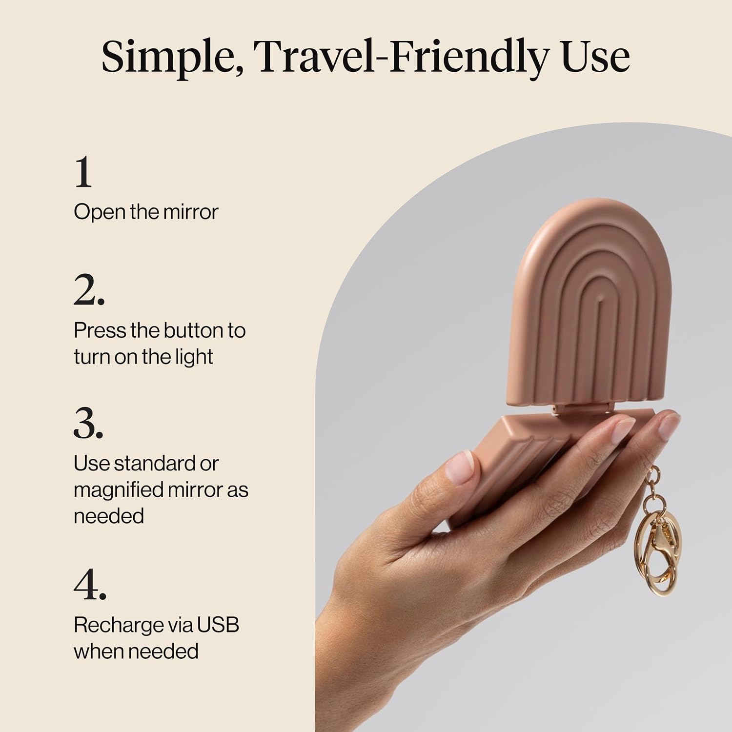 Kitsch Compact Mirror Keychain – Travel Makeup Mirror with Lights, Small Lighted Dual-Magnification Pocket Mirrors, USB-Rechargeable 450mAh, Ideal for Your Touch-Ups While On Travel – Terracotta