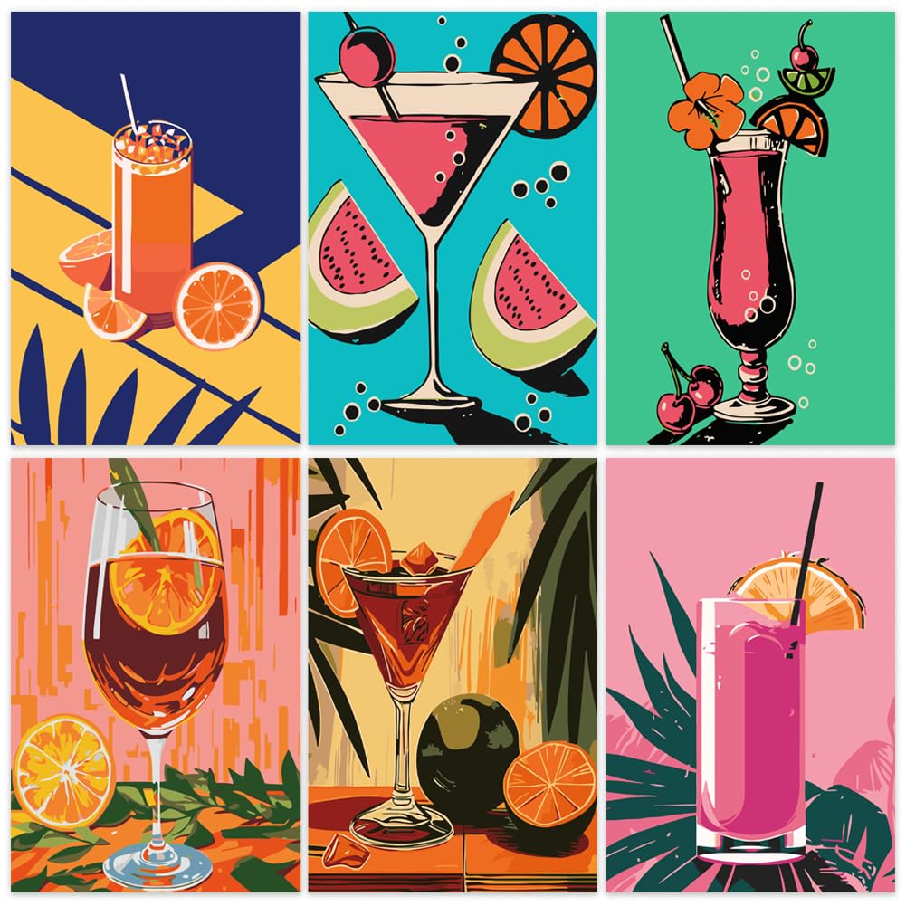 KMFASVX Paint by Numbers for Adults 6PCS - Art Cocktail Canvas Painting Kit, 20x30cm DIY Acrylic Art, Retro Bar Drink Wall Decor, Stress Relief Craft for Beginners, Creative Gift - E