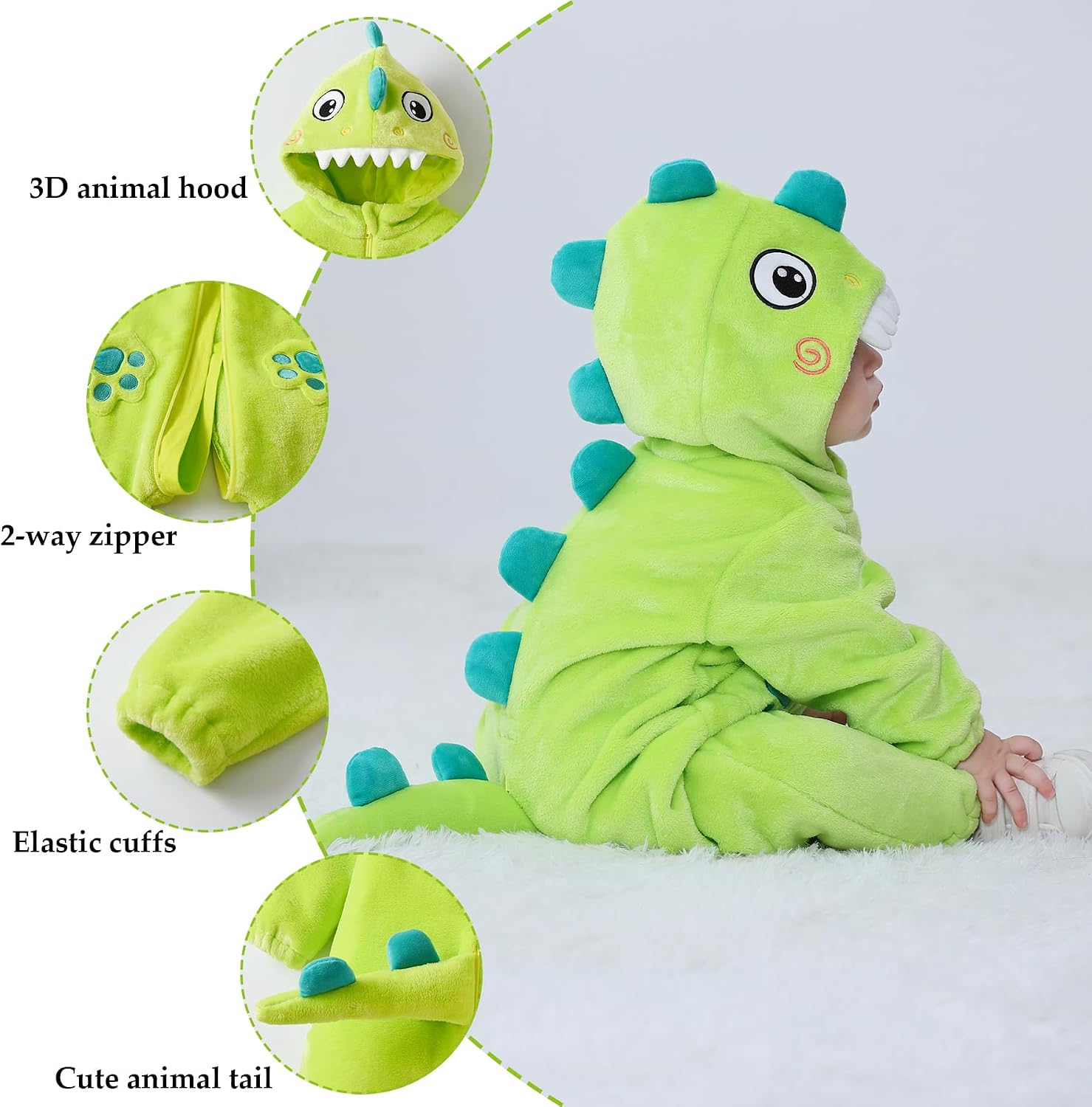 TONWHAR Dinosaur Costume for Toddler Boys & Girls, Halloween Dress Up Animal Hooded Romper One-Piece Outfit for Kids