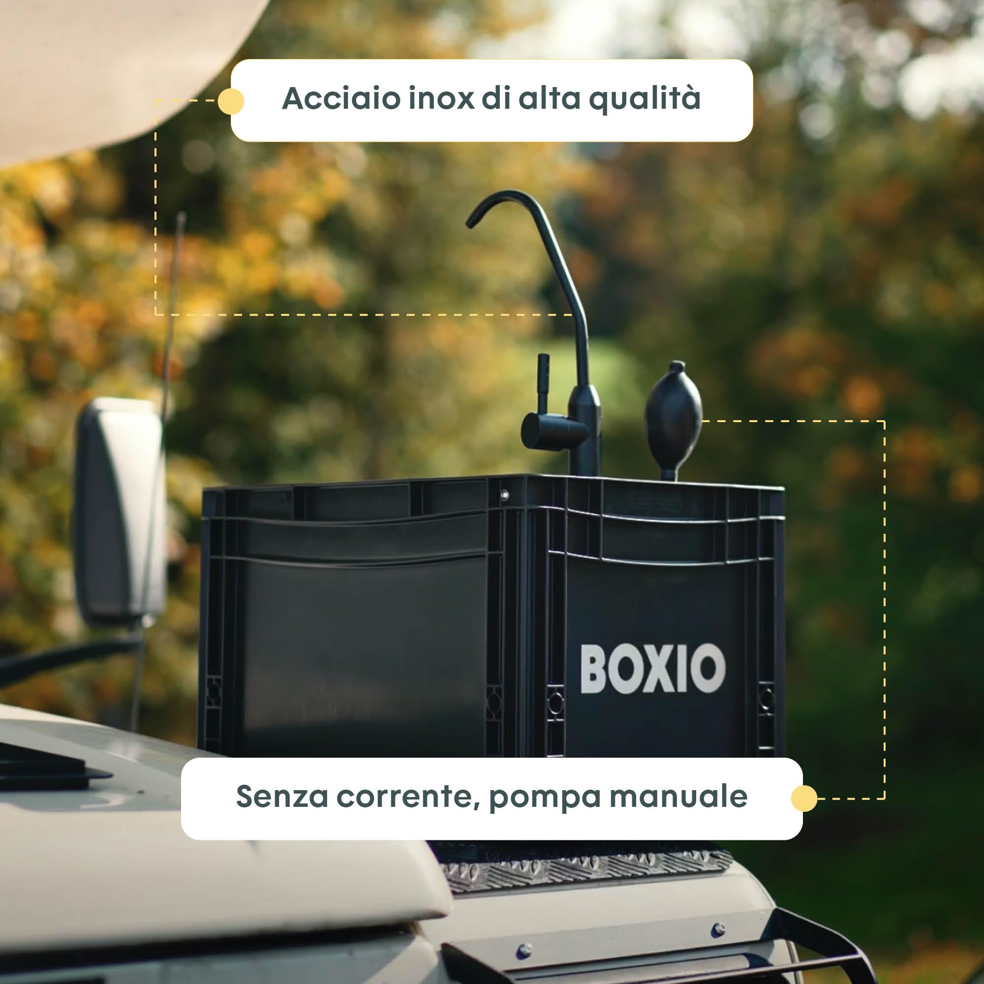 BOXIO Lavandino Portatile con Pompa a Mano, Tanica Acqua con Rubinetto, Lavabo da Camper, Lavello da Campeggio con Rubinetto in Plastica Nero, Accessori ed Attrezzatura da Campeggio
