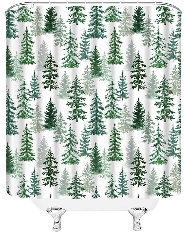 Christmas Tree Shower Curtain Winter Pine Tree Forest Watercolor Rustic Xmas Holiday Happy New Year Fabric Bathroom Curtain Set with Hooks(78" Wx70 H)
