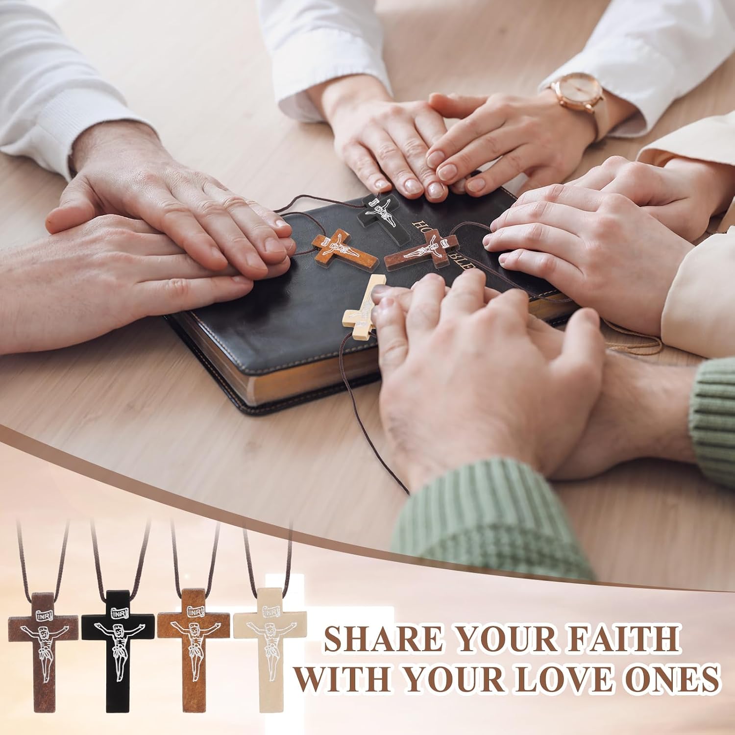 Ecation 48 Pcs Wooden Cross Necklace for Men Small Wood Cross Necklace Bulk for Bible Art Crafts Christian Religious Gift Car Mirror Pendant Decoration Easter Party Favor