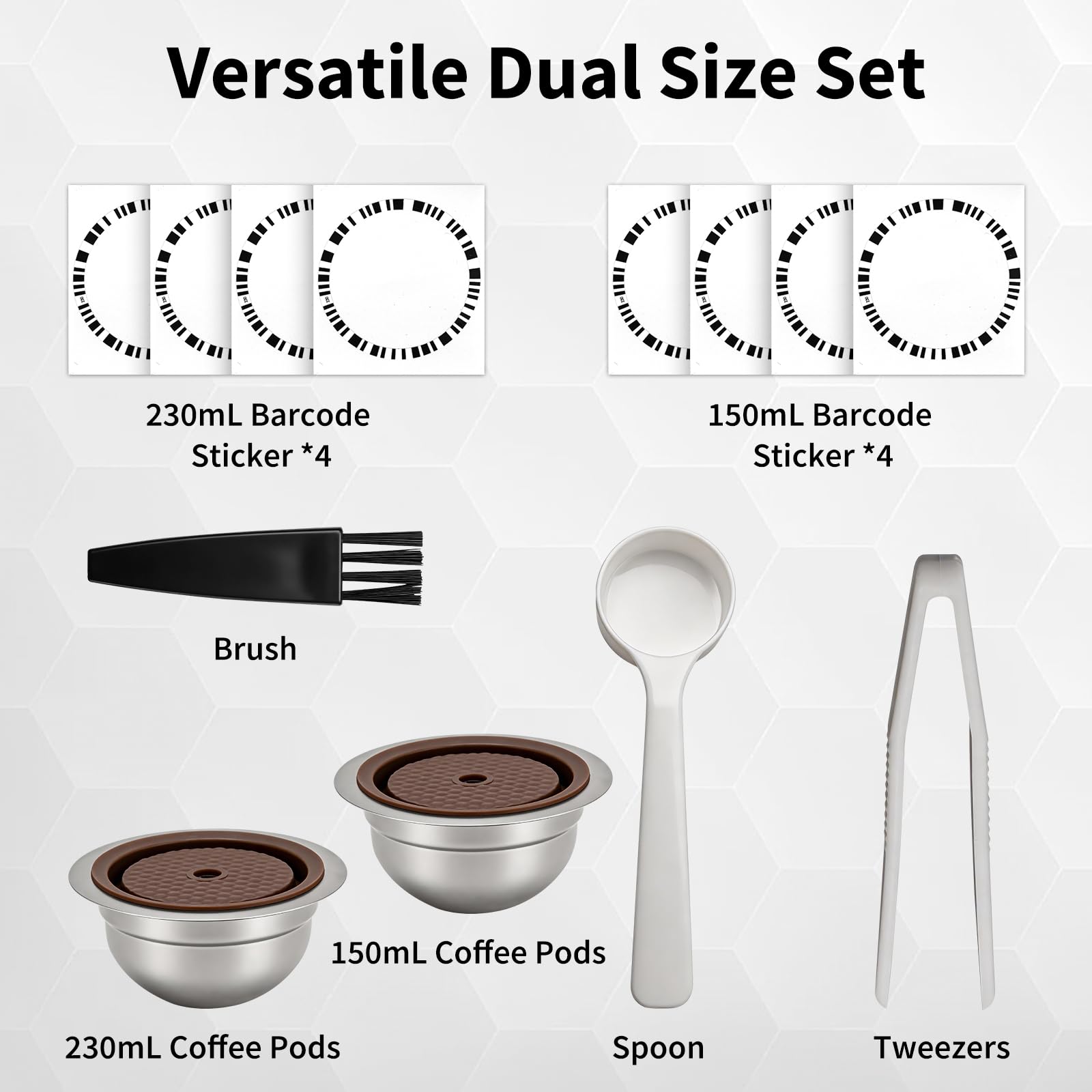 Cialde da caffè riutilizzabili per macchina Nespresso Vertuo, (230 ml e 150 ml) in acciaio inox, compatibili con Vertuo Plus/Pop/Next, include adesivi per codici a barre, coperchio in