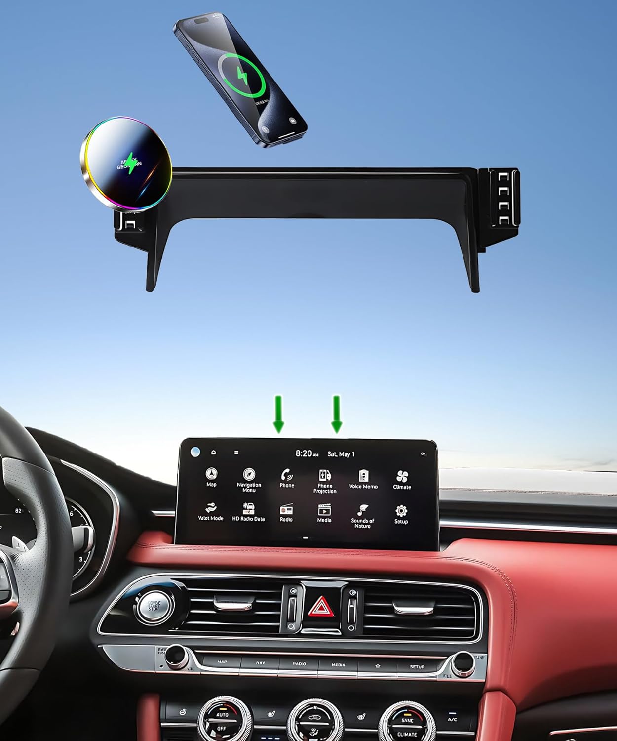 Car Phone Holder for 2022 2023 2024 2025 2026 Genesis G70 Accessories 15W Fast Wireless Charger Screen Fixed Clip HandsFree Cell Phone Mount 360° Rotation (10.25 Inch)