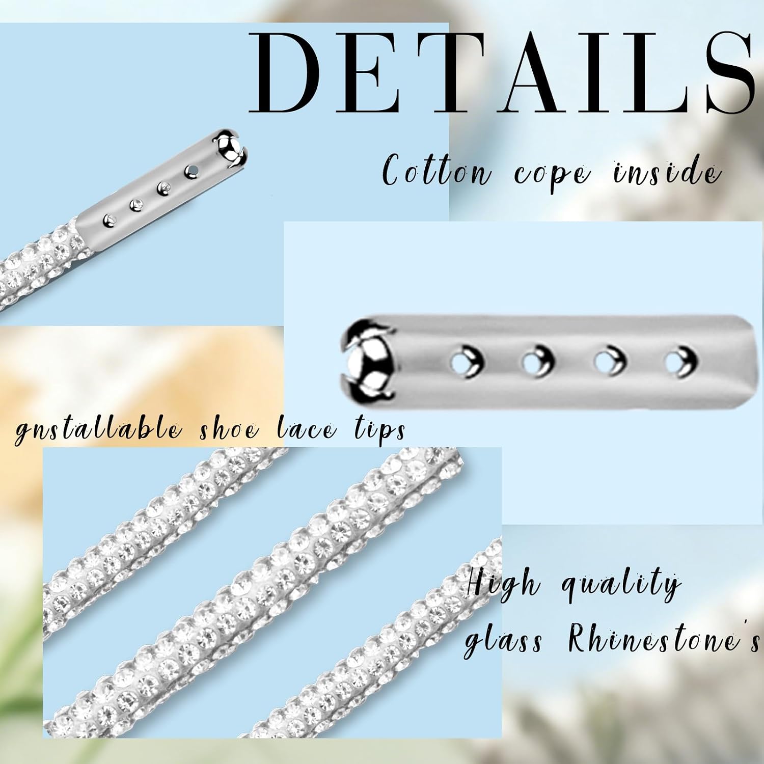 6 Yards Rhinestones Shoelaces Bling Crystal Shoe Laces Diamond Hoodies Drawstring Round Ropes for Sneakers DIY Decoration