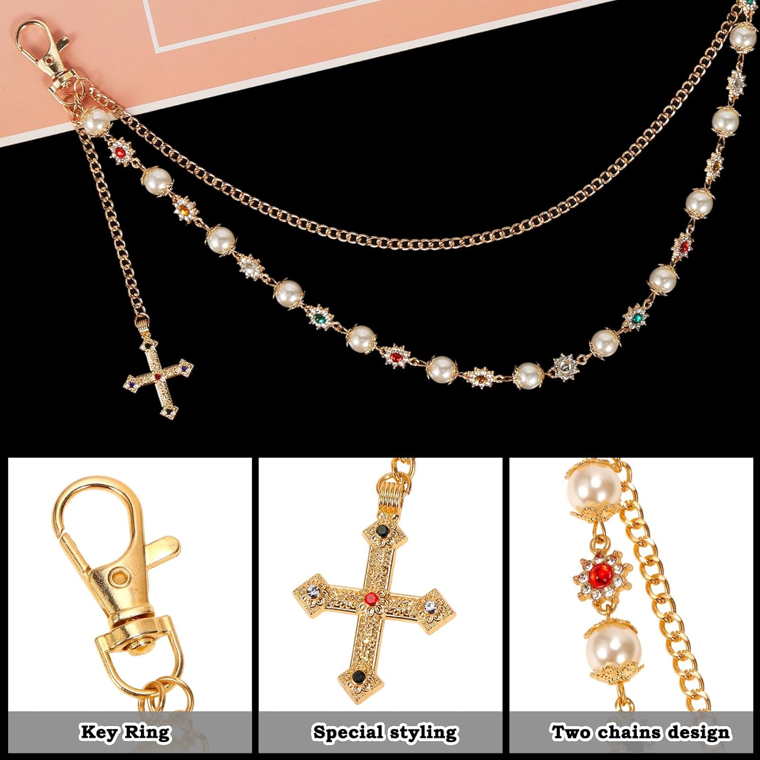 PHOGARY Pants Chain Gold for Men&Women, Chains for Jeans Rhinestone Pearl Cross Wallet Chain Street wear Punk Accessories - Image 3