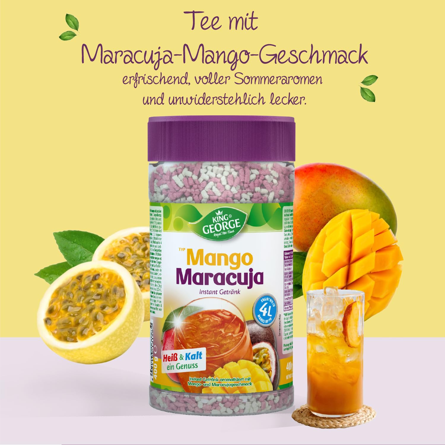 KING GEORGE - Royal Tea Time, sabor a maracuya, bebida instantánea de 6 x 400 g, 1 lata da hasta 4 litros de bebida refrescante caliente y fría