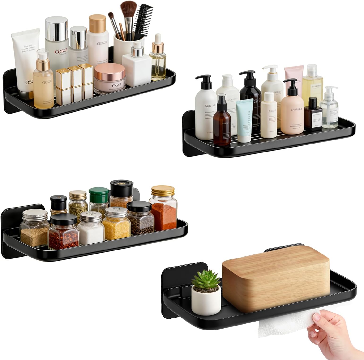 4 Pack Floating Shelves for Wall, Self Adhesive Small Shelf, No Drill Adhesive Wall Shelf, Floating Shelves Damage-Free Expand Walls Space for Living Room Kitchen Bathroom (Black)