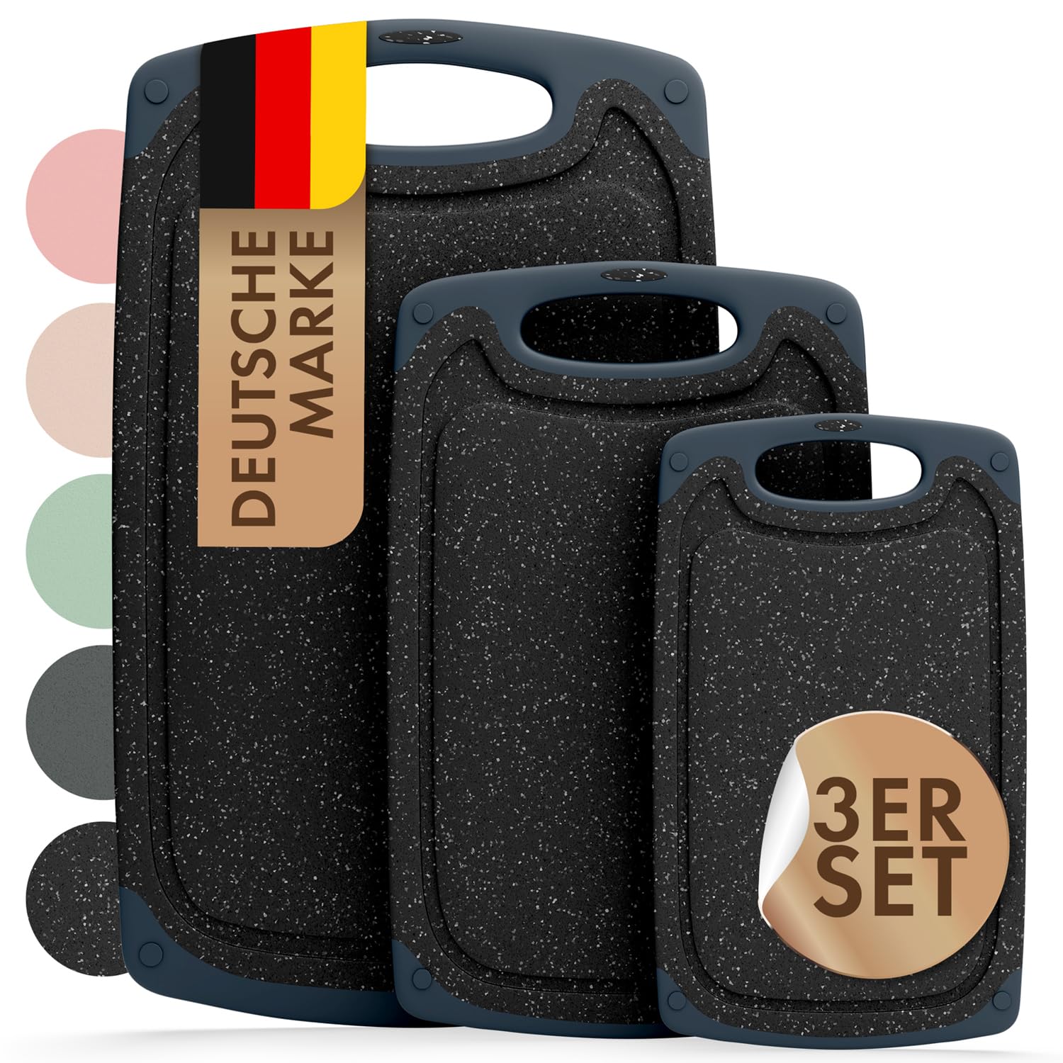 Blumtal Schneidebrett Set mit 3 Größen (S/M/L) - Schneidebrett Kunststoff groß + Saftrillen & Griff - Cutting Board - Schneidbrett BPA frei langlebiges Küchenbrett Schwarz