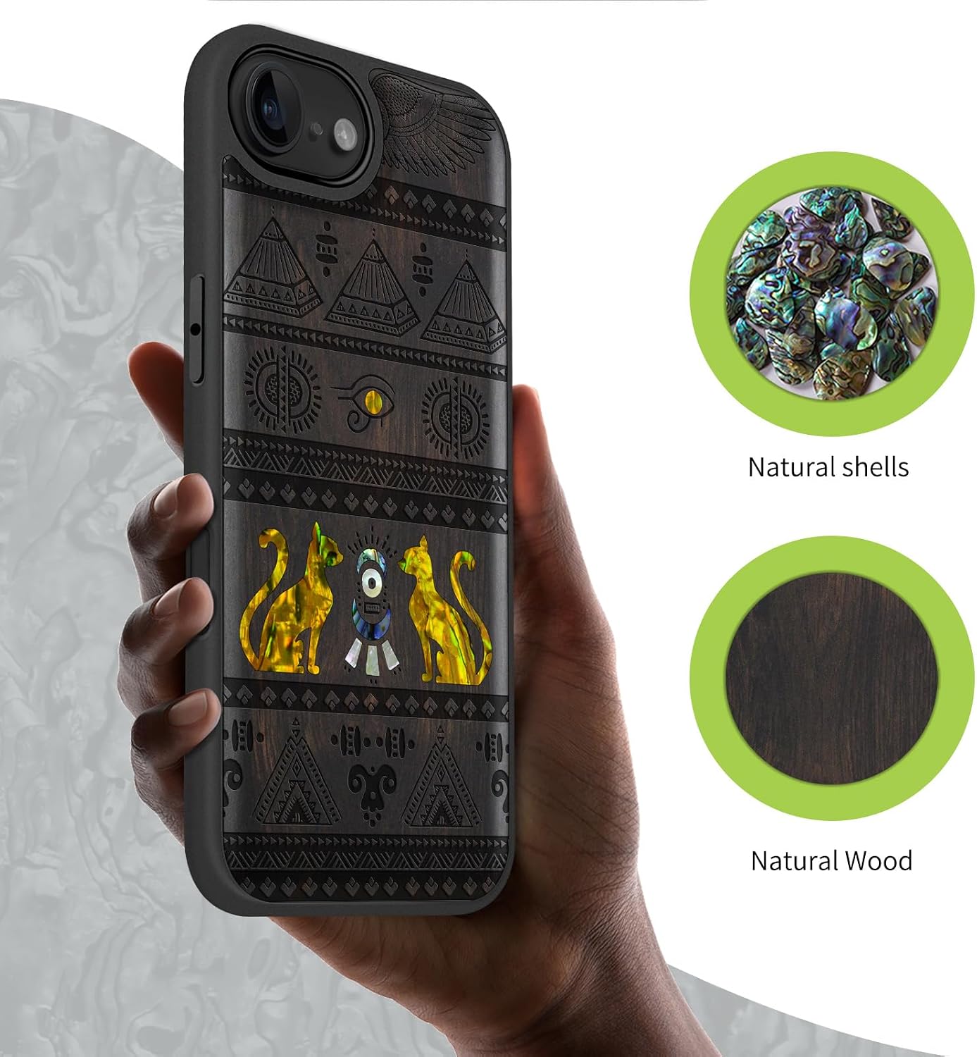 Carveit Magnetic Wooden Case for iPhone 16e / 17e, Wood Artisan Engraved & Handmade Shell Inlaid, TPU Shockproof Cover, Compatible with MagSafe Wireless Chargers, The Symbols of Egypt - Blackwood