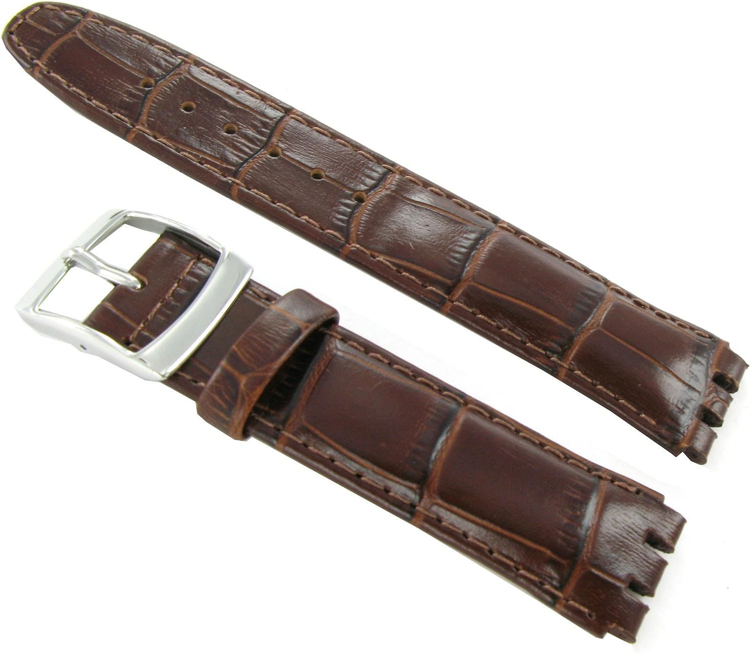 19mm Genuine Leather Alligator Grain Padded Medium Brown Watch Band Fits Swatch