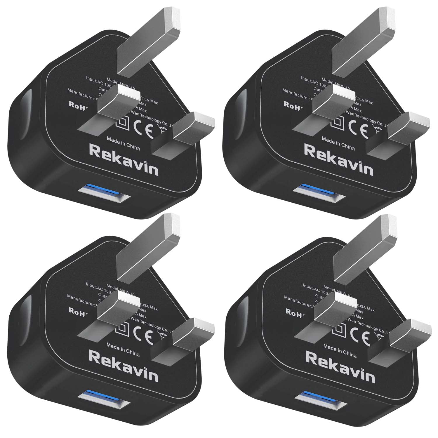 Rekavin 4 Pack USB Plug Charger Plug UK, USB Wall Plug Adaptor Mains Charge Power Adapter Socket Charge Head Multipack Single Port Charging for iPhone 11/10/Xs/XS Max/XR/X/8/7/6 Plus/5/4