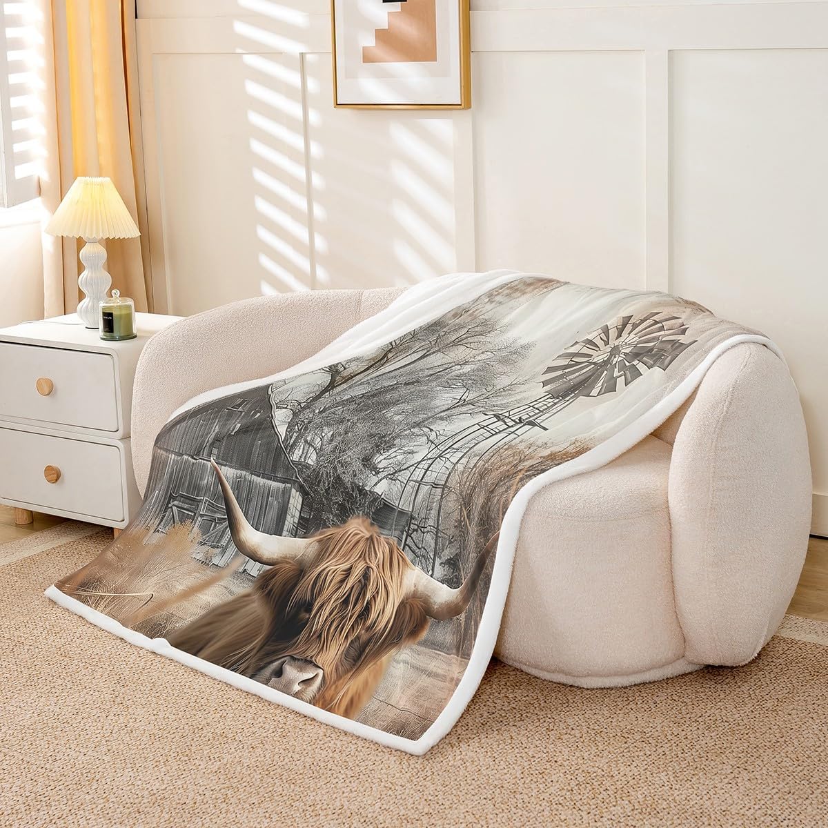 Highland Cow Farm Animals Throw Blanket 40"x50",Garden Windmill Decor Farmhouse Fleece Blanket Rustic Lodge Cabin Blanket Wildlife Animal Farm House Cottage Blanket,Winnower Cowboys Gifts for Men