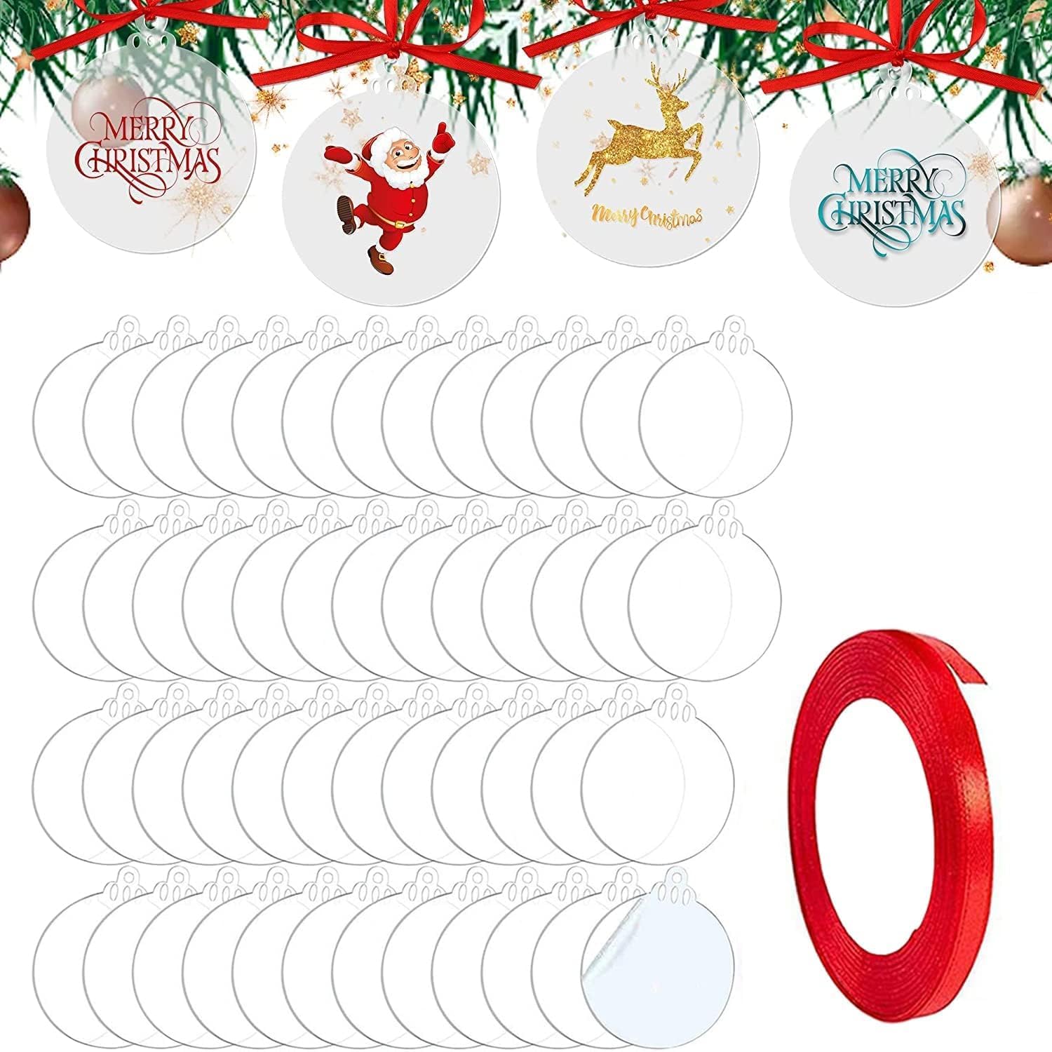 TSKDKIT 50 Pcs Christmas Bauble Clear Acrylic Disc Ornaments Round Christmas Ornaments with Ribbon, Flat Baubles for Craft, Clear Blank Acrylic Xmas Disc for Tree Party Hanging Decoration (7.6cm)