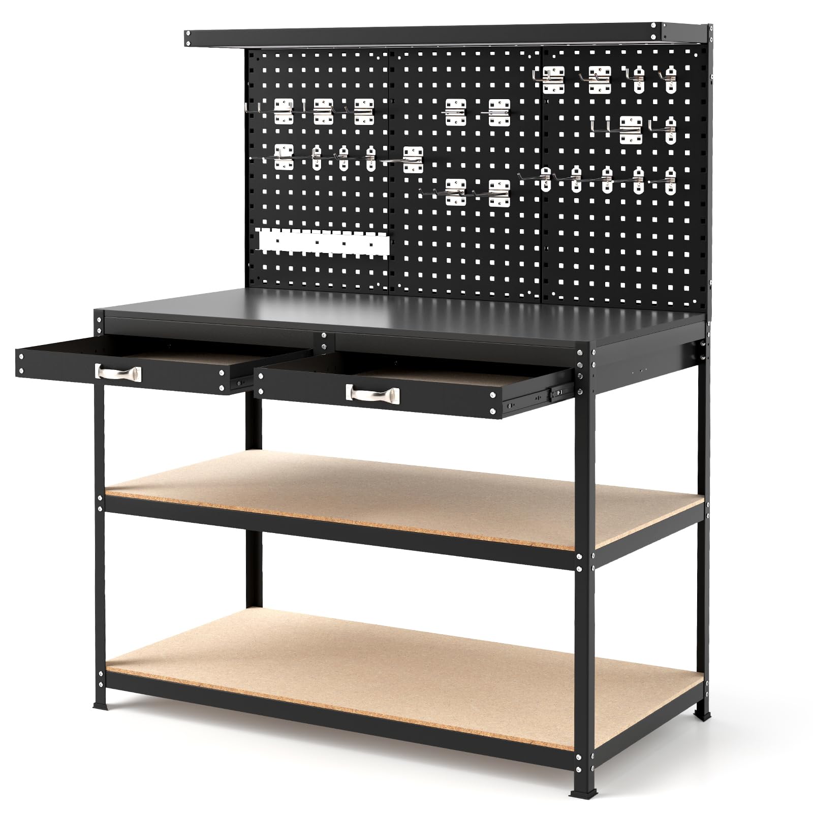 GYMAX Banco de Trabajo de 121 x 61 cm con Panel Perforado, Mesa de Trabajo con 24 Ganchos para Herramientas, Cajones y Estantes Abiertos, Estación de Trabajo de Capacidad de 230 kg (Negro)