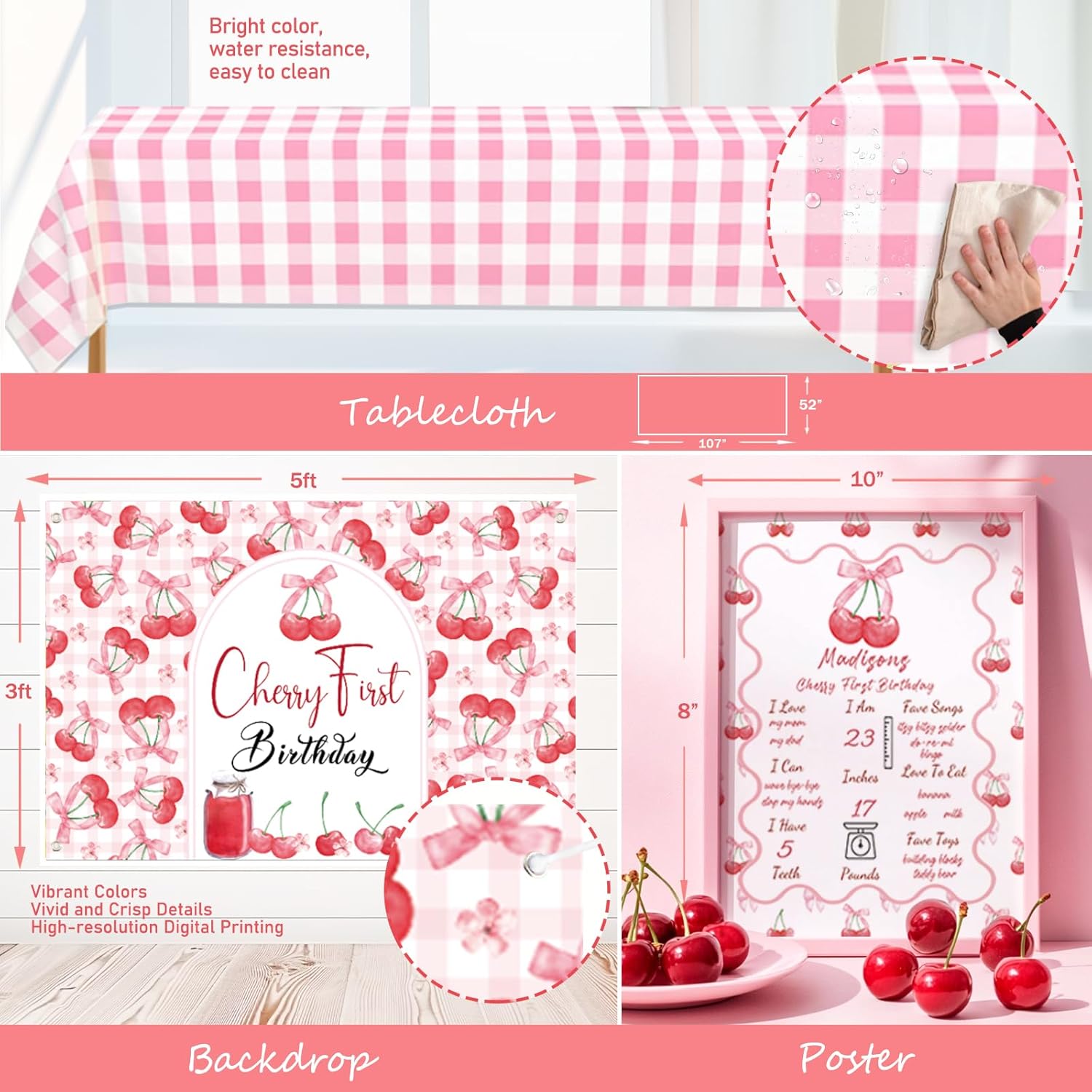 Cherry First Birthday Decorations – 125 PCs Cherry Themed 1st Birthday Party Supplies with Backdrop, Balloon Garland, Banner, Balloon Boxes, Number 1 Foil Balloon, Cake Topper