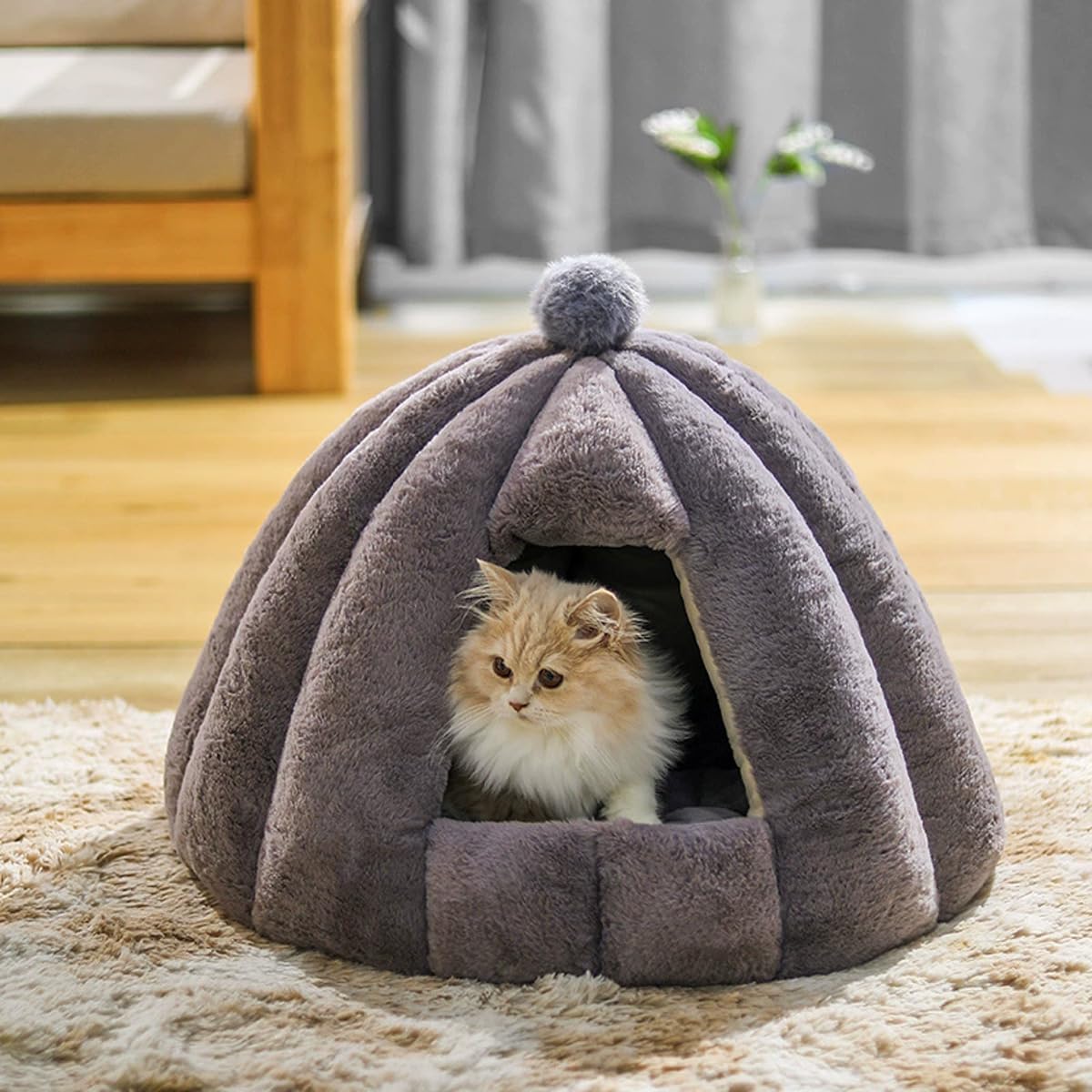 Cat Dog Cave Bed, Portable Pet Igloo Puppy Kitten Tent House with Removable Washable Cushion, Semi-closed Small Medium Cats Bed Warm Kennel (Grey,S-48x40cm)