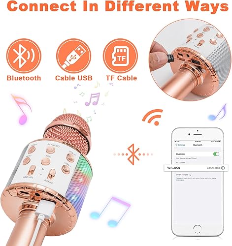 Miniatura 3 de Micrófono de karaoke inalámbrico para niños, micrófono de karaoke con Bluetooth, micrófono portátil de mano para cantar karaoke (oro rosa + azul)