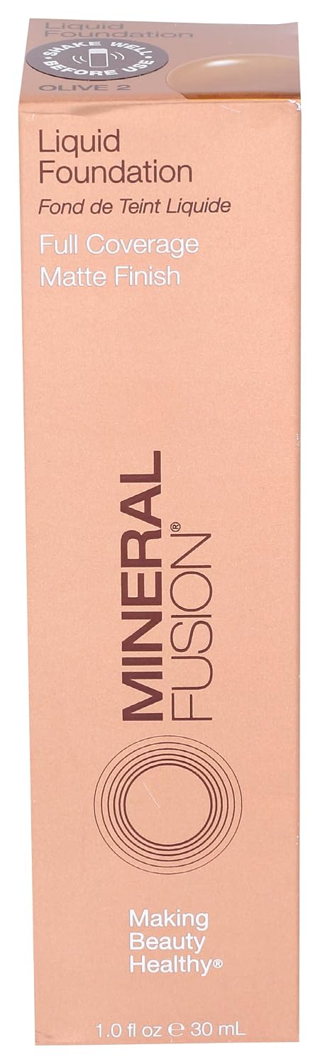 Mineral Fusion Full Coverage Foundation, Liquid Foundation - Olive 2- Olive Complexion w/Green Undertones, Lightweight Matte Finish, Up to 12 Hr Hydration, Hypoallergenic & Vegan, 1 fl. oz