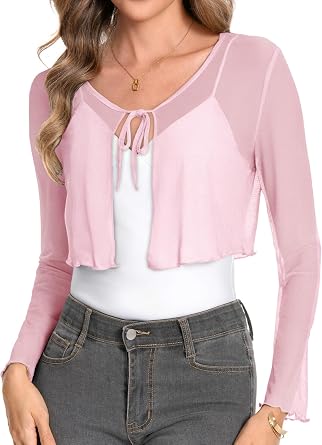 Womens Mesh Shrug Tie Front Cropped Bolero Cardigan Long Sleeve Top Sheer Shawl for Evening Dress