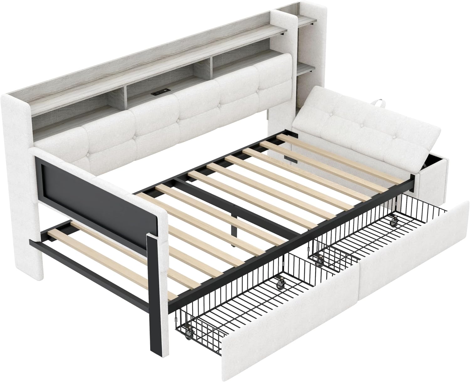 Twin Size Upholstered Daybed with Storage Drawers, L-Shaped Bed Frame with Bookshelves, LED Light and Charging Station, Twin Corner Bed with Storage Bench, No Box Spring Needed, Easy Assembly,Beige