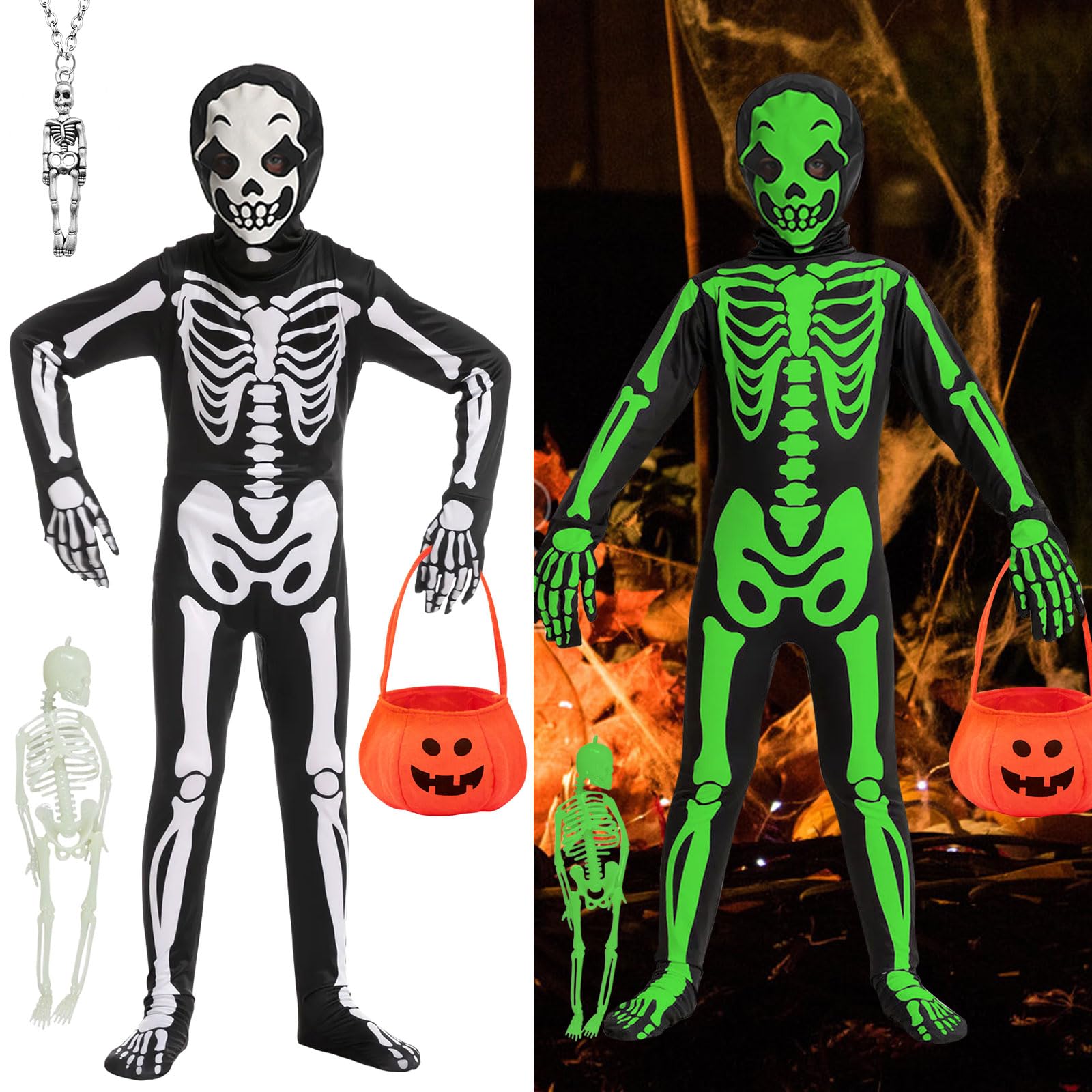 Skeleton Costume Kids 3-4 Years Boys Girls Skeleton Costume Halloween Fancy Dress Glow in the Dark Skeleton Costume Kids Skeletons Onesie Gloves Mask Skeleton Outfits Halloween Bucket Trick or Treat S