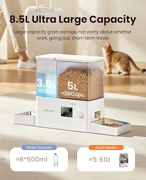 8.5L Automatic Cat Feeder,ROJECO 2-in-1 Pet Feeder with Timer,Large Capacity Cat Food Dispenser with Food Feeder and Water Fountain,Stainless Steel Bowl,Knob Control Automatic Feeders for Cats Dogs