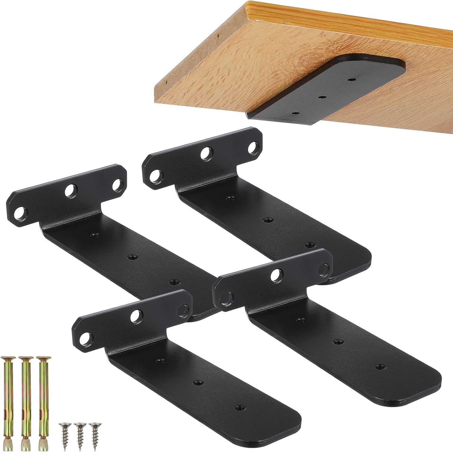 4 Pcs Heavy Duty Floating Shelf Brackets 6 Inch Black Metal Corner Brackets for Wall Shelves, Space-Saving Hidden Shelf Supports for Kitchen, Living Room, Bathroom