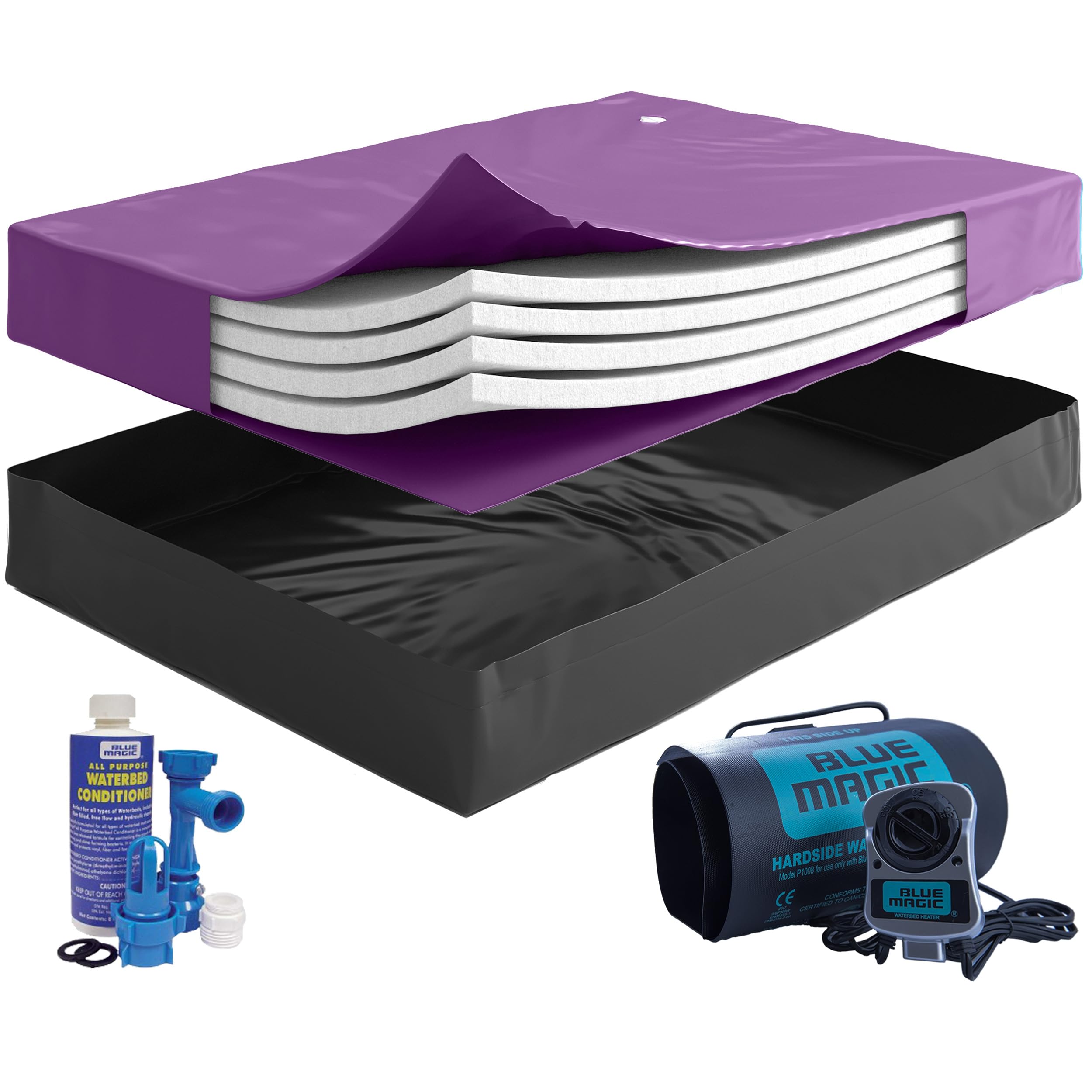 Blue Magic 90% Waveless Hardside Waterbed Mattress Bundle with Four Wave Reducing Fiber Layers, 300W Heater, Liner, Fill/Drain Kit & Conditioner - Frame Not Included (Queen)